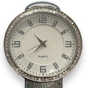 Cavanaugh Large Face Watch Rhinestones Quartz Metallic Genuine Leather Band